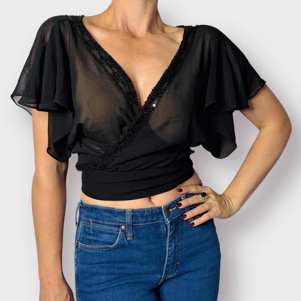 90s‎ Black Sheer Beaded Wrap Crop Size M